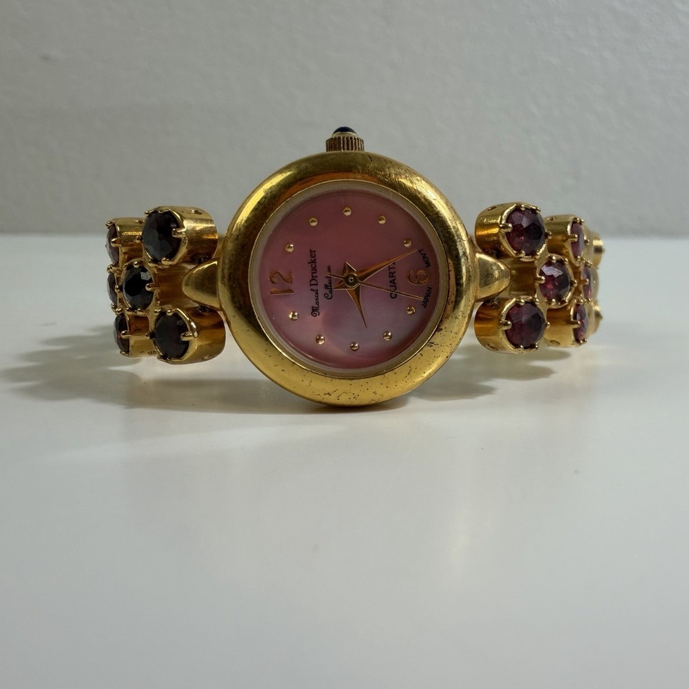 Marcel Drucker Gold Tone Red Crystal Bracelet Watch Quartz Japan Needs Battery